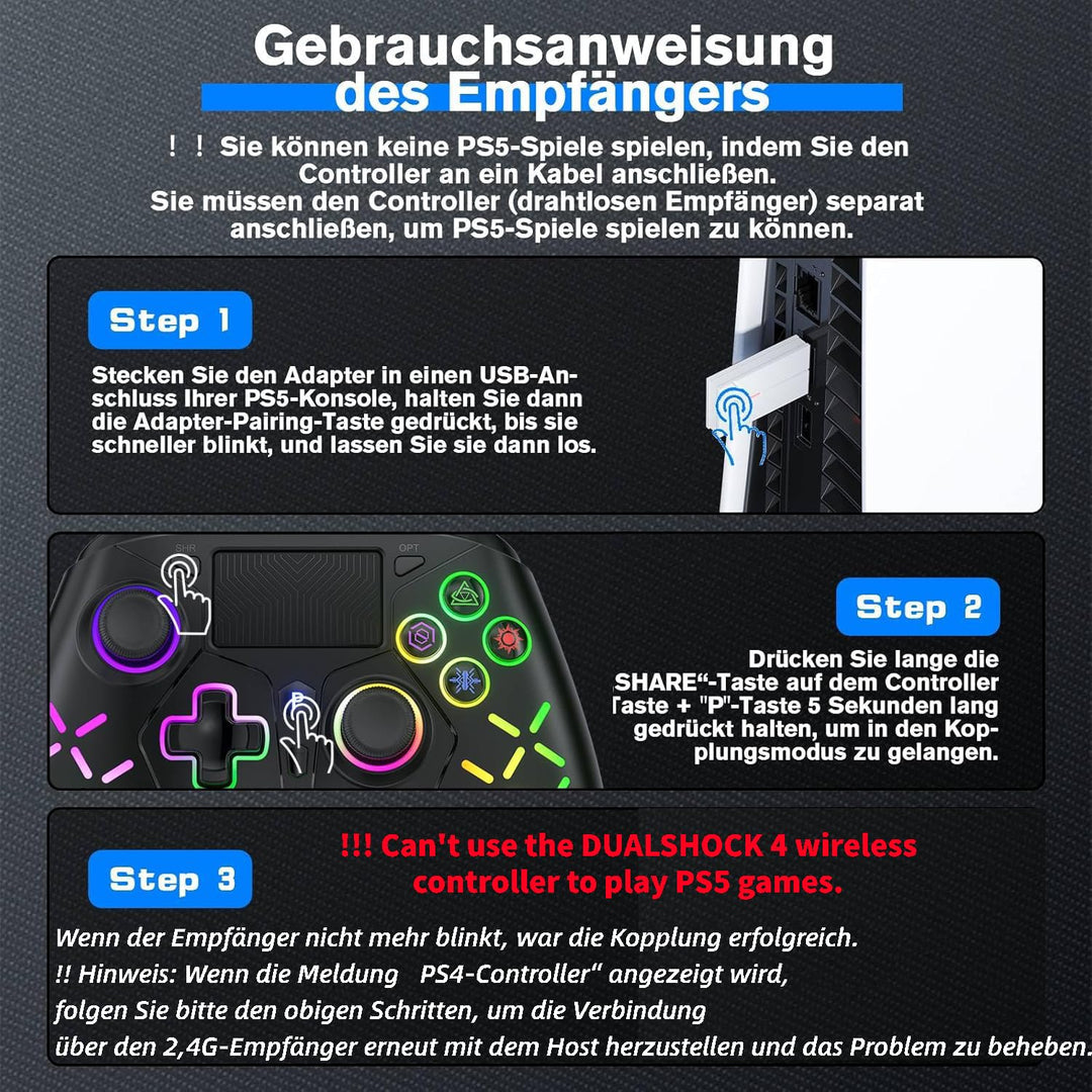 Bonacell RGB Wireless Controller für Ps5/PC/P4, Motor-Vibration/6-Achsen-Sensor/Turbo/3,5-mm-Audiobu