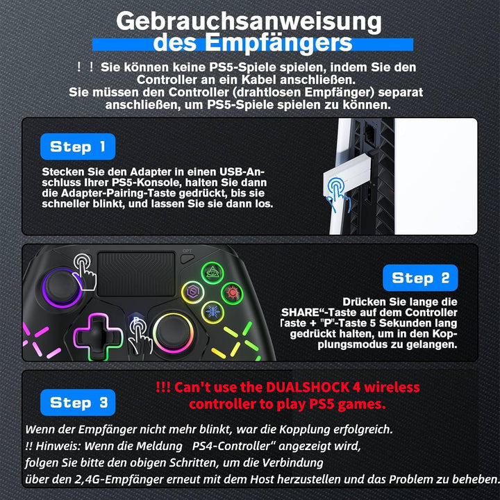 Bonacell RGB Wireless Controller für Ps5/PC/P4, Motor-Vibration/6-Achsen-Sensor/Turbo/3,5-mm-Audiobu