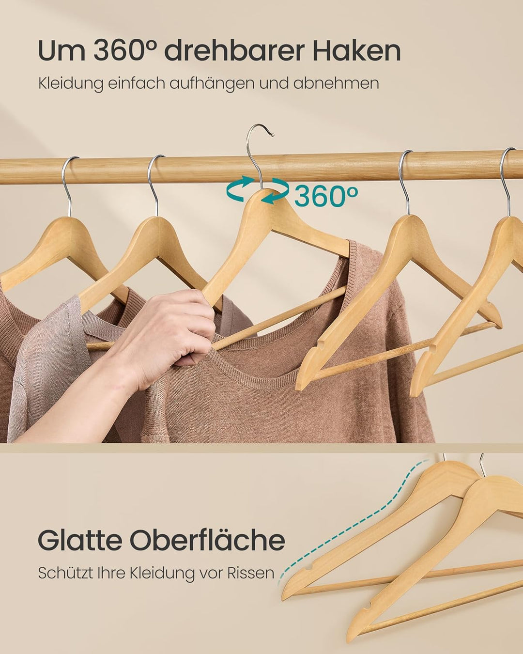 SONGMICS Kleiderbügel Holz, 20er Set, Holzbügel schlank, Bügel, platzsparend, Hosenbügel, 360° drehb