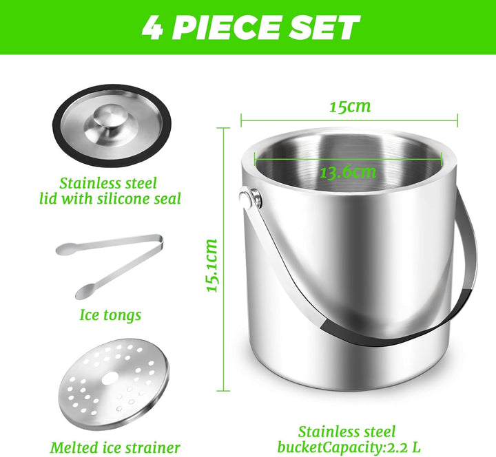 Sprifityy Edelstahl Eiskübel,mit Deckel und Zange,Doppelwandig Isoliert Edelstahl Eiswürfelbehälter,