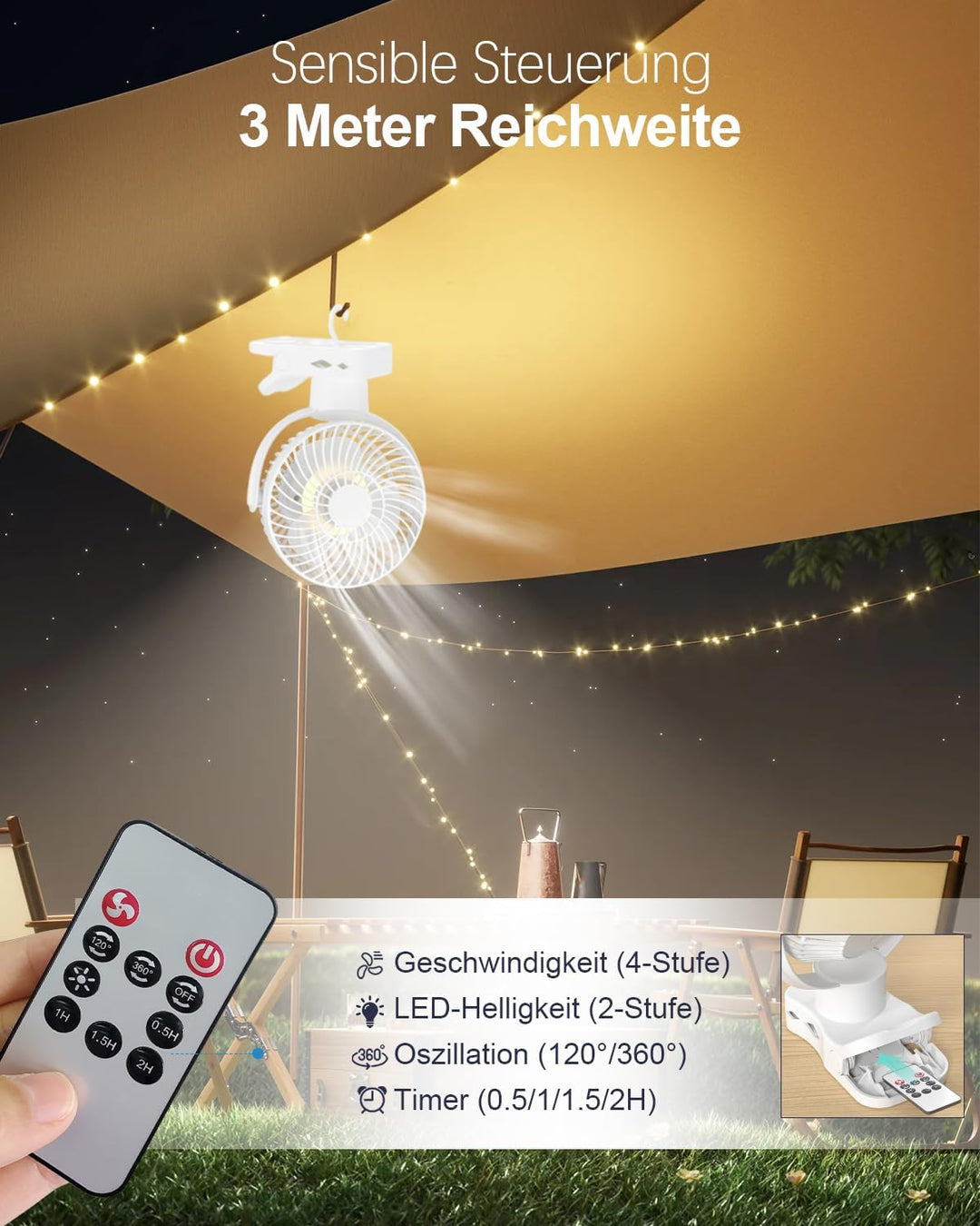360° Oszillierend Clip Ventilator mit Fernbedienung - 10000mAh Akku USB Tischventilator Tragbarer -