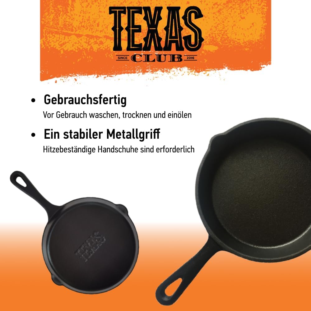 TEXAS CLUB Gusseisenpfanne mit Griff - Metallgriff Bratpfanne für alle Arten von Grills, Backofen, K