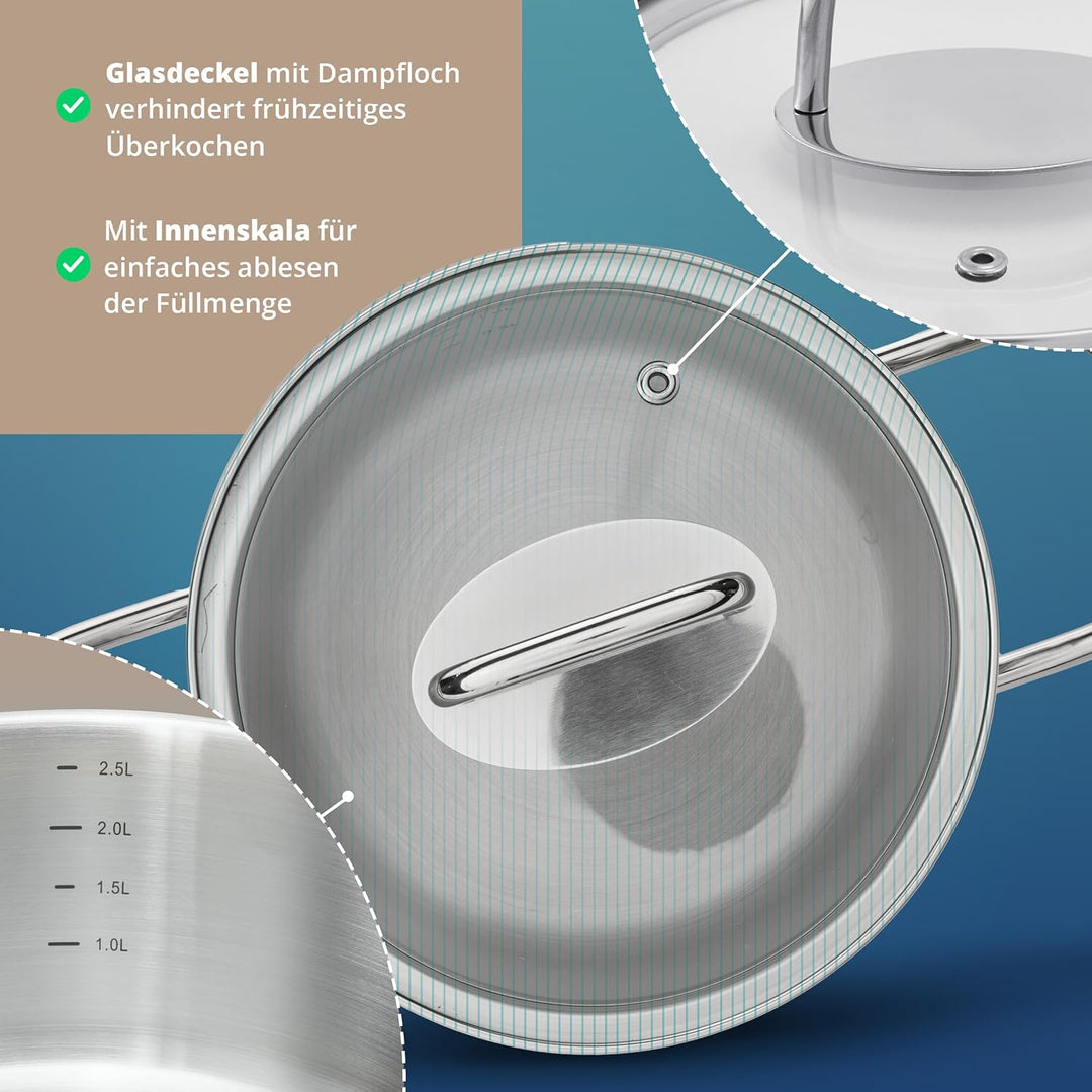 KHG Topf Kochtopf Bratentopf 20 cm Induktion, Edelstahl unbeschichtet inkl. Glasdeckel | 9,5 cm hohe