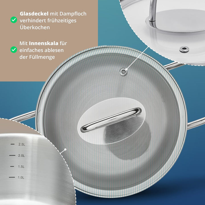 KHG Topf Kochtopf Bratentopf 20 cm Induktion, Edelstahl unbeschichtet inkl. Glasdeckel | 9,5 cm hohe