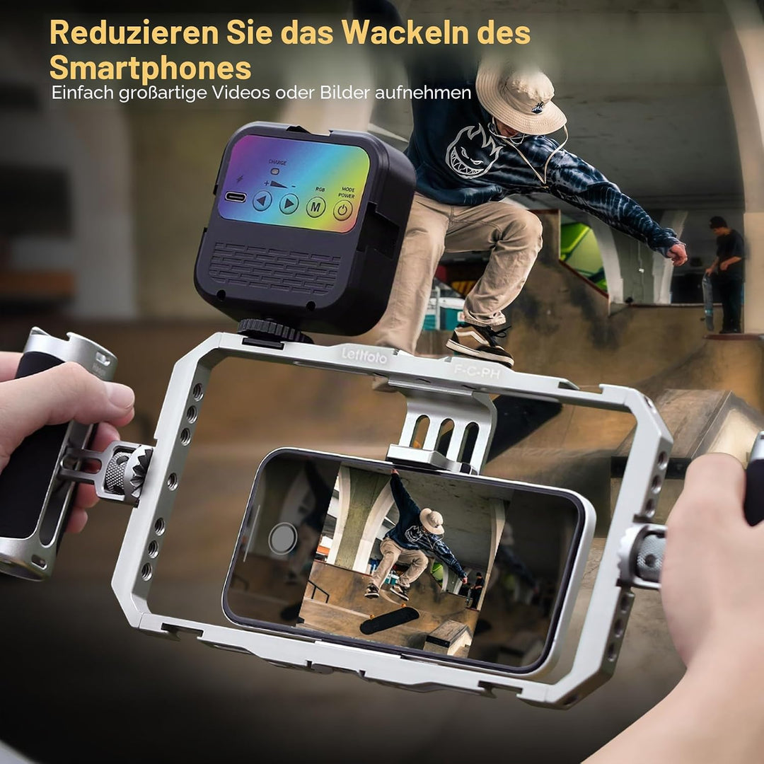Leftfoto Universeller Aluminium-Stabilisator-Käfig, Smartphone-Video-Rig mit zwei Griffen für iPhone