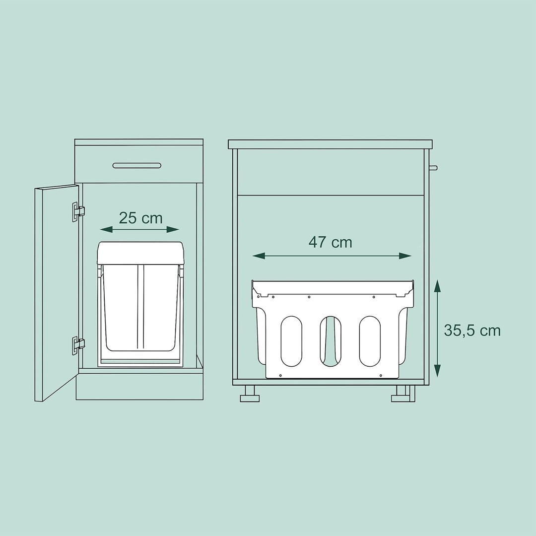 Relaxdays Einbaumülleimer, 2 Fächer, 2 x 8l, HBT: 35,5 x 25 x 47 cm, ausziehbar, Mülltrennsystem für