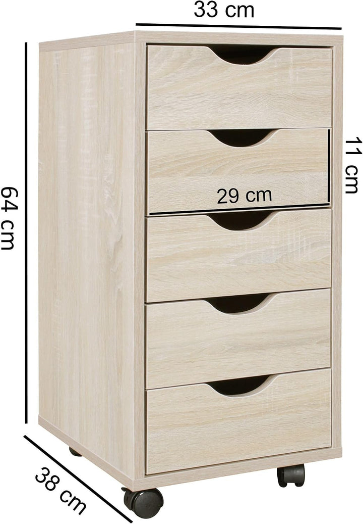 Wohnling Rollcontainer 33 x 64 x 38 cm MDF-Holz 5 Schubladen Sonoma, Moderner Schubladencontainer mi