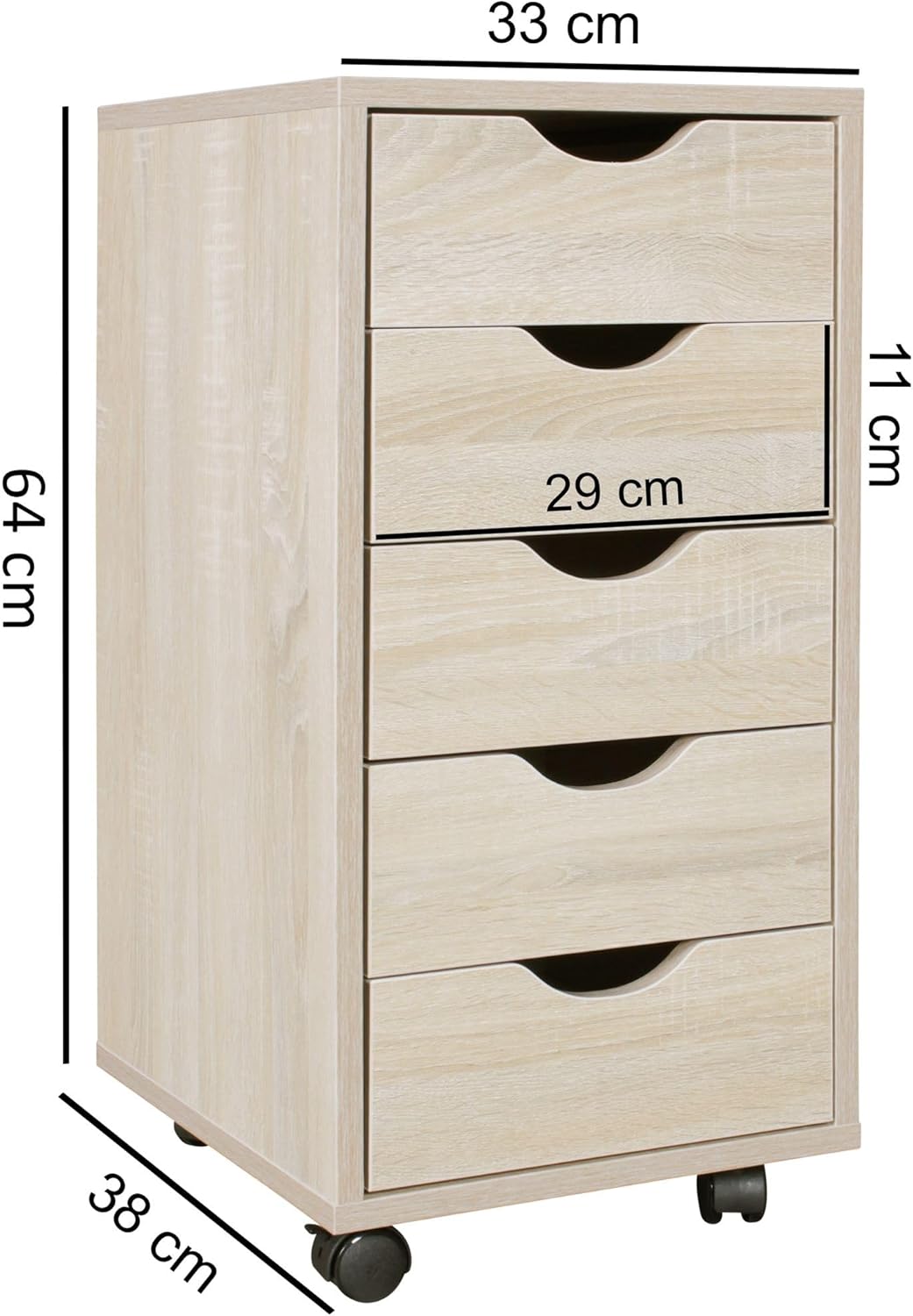 Rollcontainer 33 x 64 x 38 cm MDF-Holz 5 Schubladen Sonoma | Moderner Schubladencontainer mit Rollen