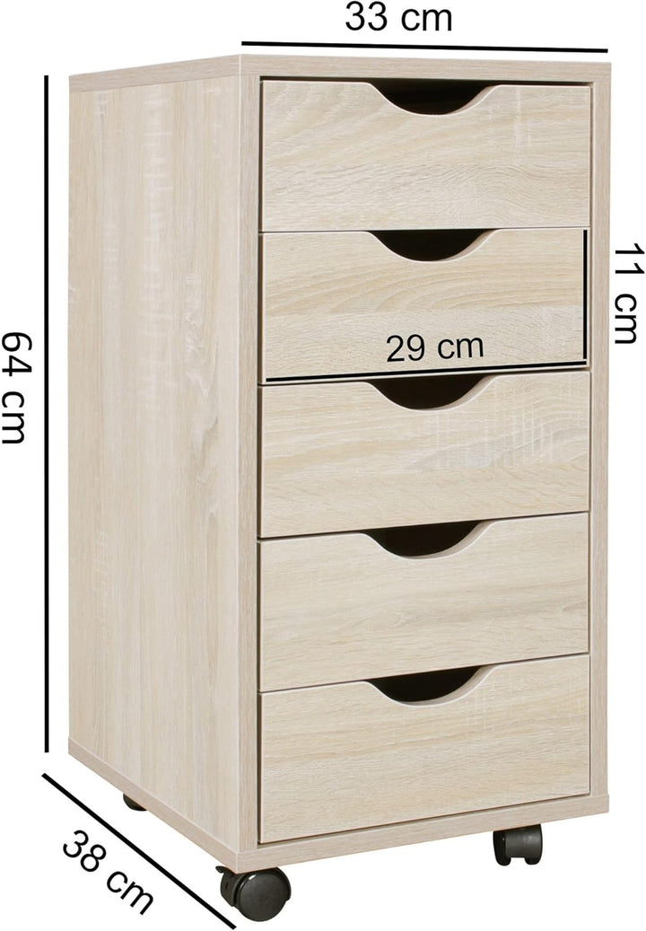 Rollcontainer 33 x 64 x 38 cm MDF-Holz 5 Schubladen Sonoma | Moderner Schubladencontainer mit Rollen
