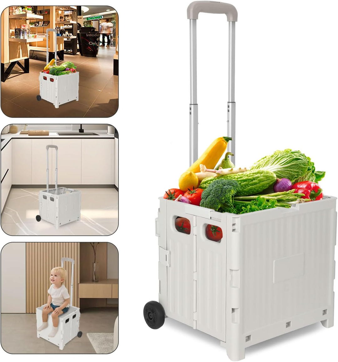 Einkaufstrolley Klappbar, mit neigbarer Teleskopgriff & Deckel, 2 x Rollen, bis 35 kg, 45 Liter Kist