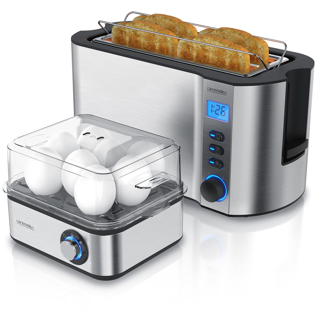 Arendo SET Toaster MANHA mit Eierkocher EIGHTCOOK Edelstahl Silber Toaster 4 Scheiben LED-Display 6