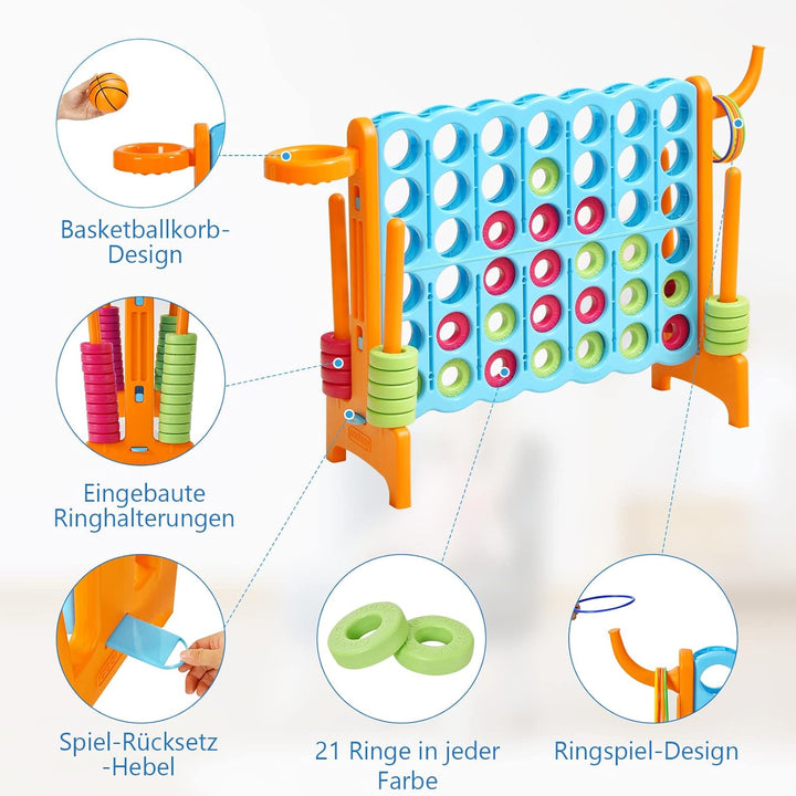 GOPLUS Riesiges 4 Gewinnt Spiel, Strategiespiel mit 42 Ringen, Basketballkorb & Wurfspiel & Schnells