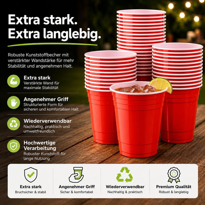 Red Cups extra stark – 473 ml / 16 oz Beer Pong Becher, wiederverwendbare Partybecher, rote Plastikb