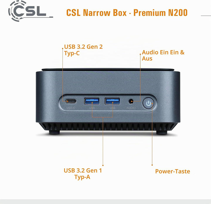 Mini PC CSL Narrow Box Premium Windows 11 Home lüfterlos, Intel N200 4X 3700 MHz, 1000 GB M.2 SSD, 8