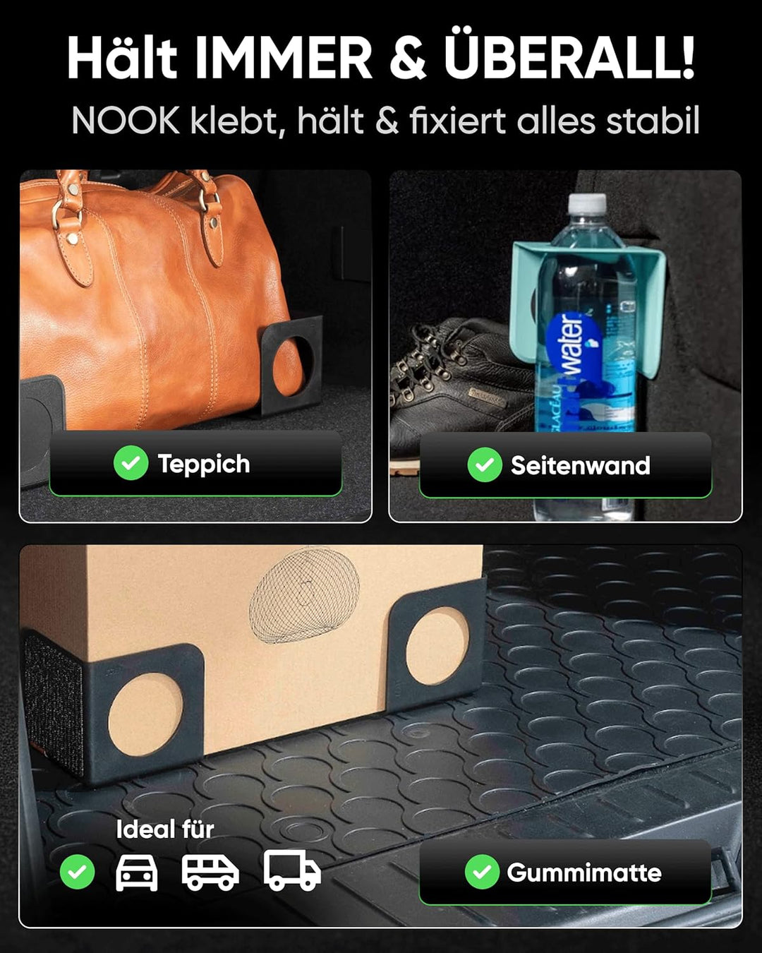rati Nook 2x Kofferraum Organizer Klett & Antirutschpads [100% Recycelt] Gepäckfixierung Kofferraum
