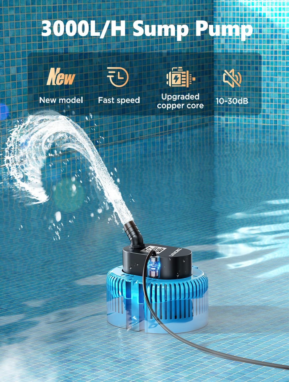 Lnicez Schmutzwasserpumpe Tauchpumpe 75W 3000L/H Wasserpumpe 3.2m max Förderhöhe, Tauchpumpe Schmutz
