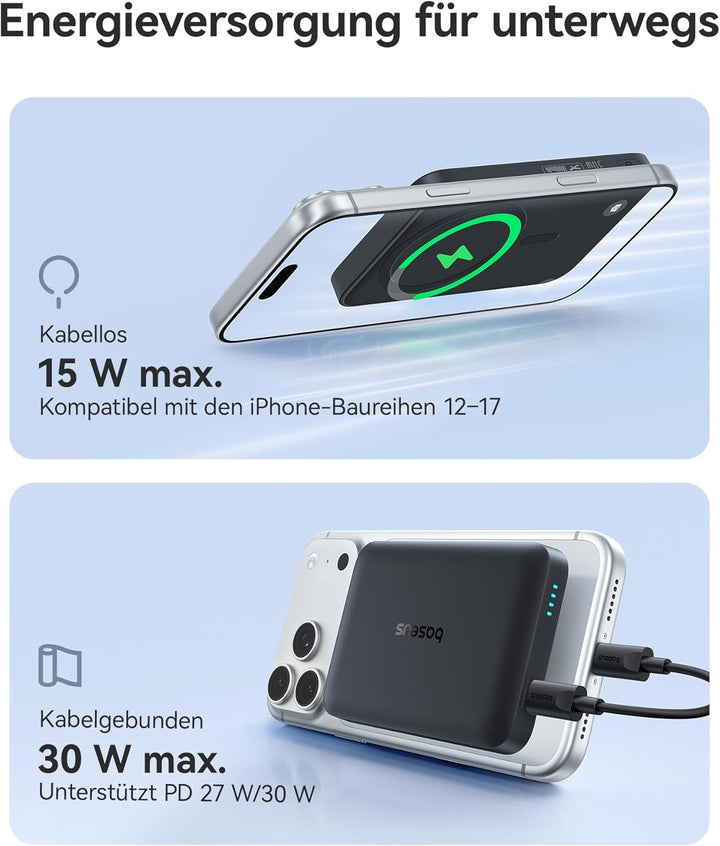 Baseus Enerfill MagSafe Powerbank 10000mAh 30W USB C Magnetische Power Bank, Kabellose Externe Handy