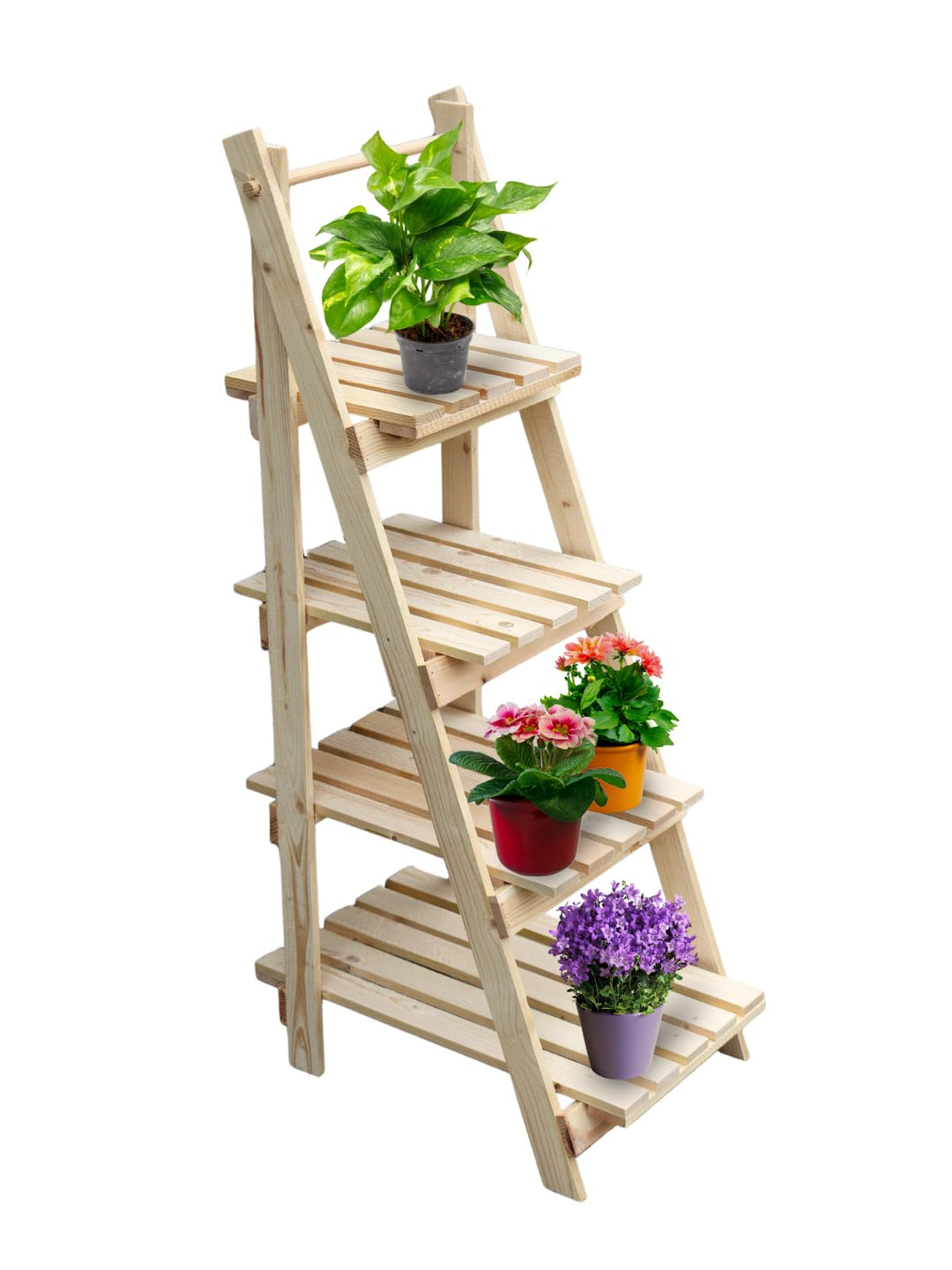 holz4home® Pflanzleiter mit 4 Ablagen I Grösse: 52,5 x 109 x 35 cm I Blumentreppe aus Tannenholz hel