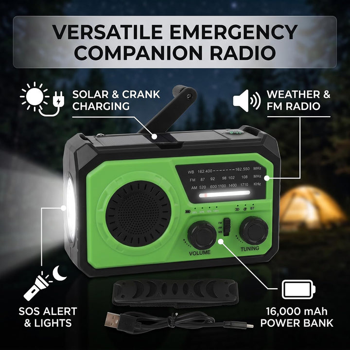 Notfall-Kurbelwetter-Radio mit 16.000 MAh-Akku, 3 Ladeoptionen, Solarradio mit Kompass, Taschenlampe