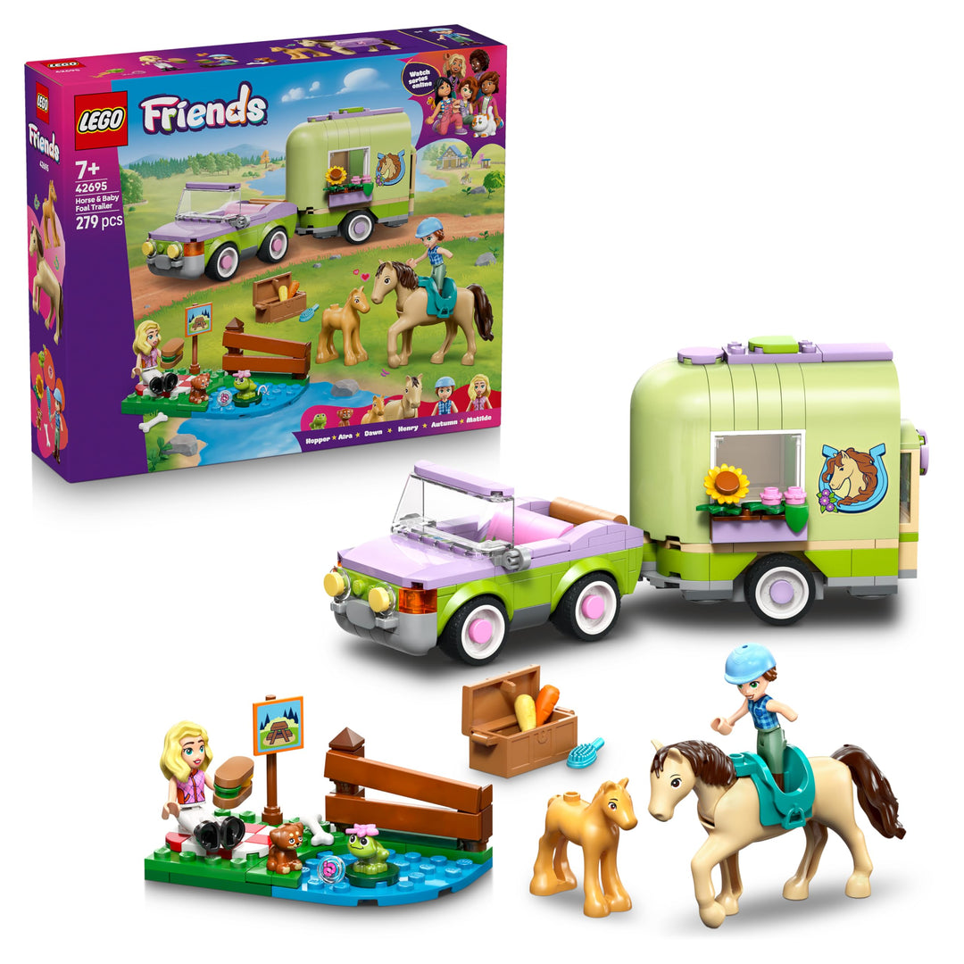 LEGO Friends Pferd und Fohlen mit Pferdeanhänger - Pferde Spielset mit Pflegezubehör, 4 Tierfiguren,