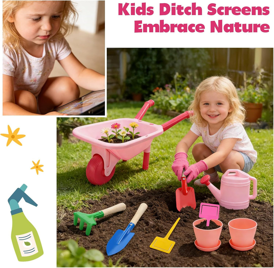 CUTE STONE Kinder-Gartenwerkzeugset, rosa Schubkarre, Gartenspielzeug | mit Giesskanne, Handschuhen,
