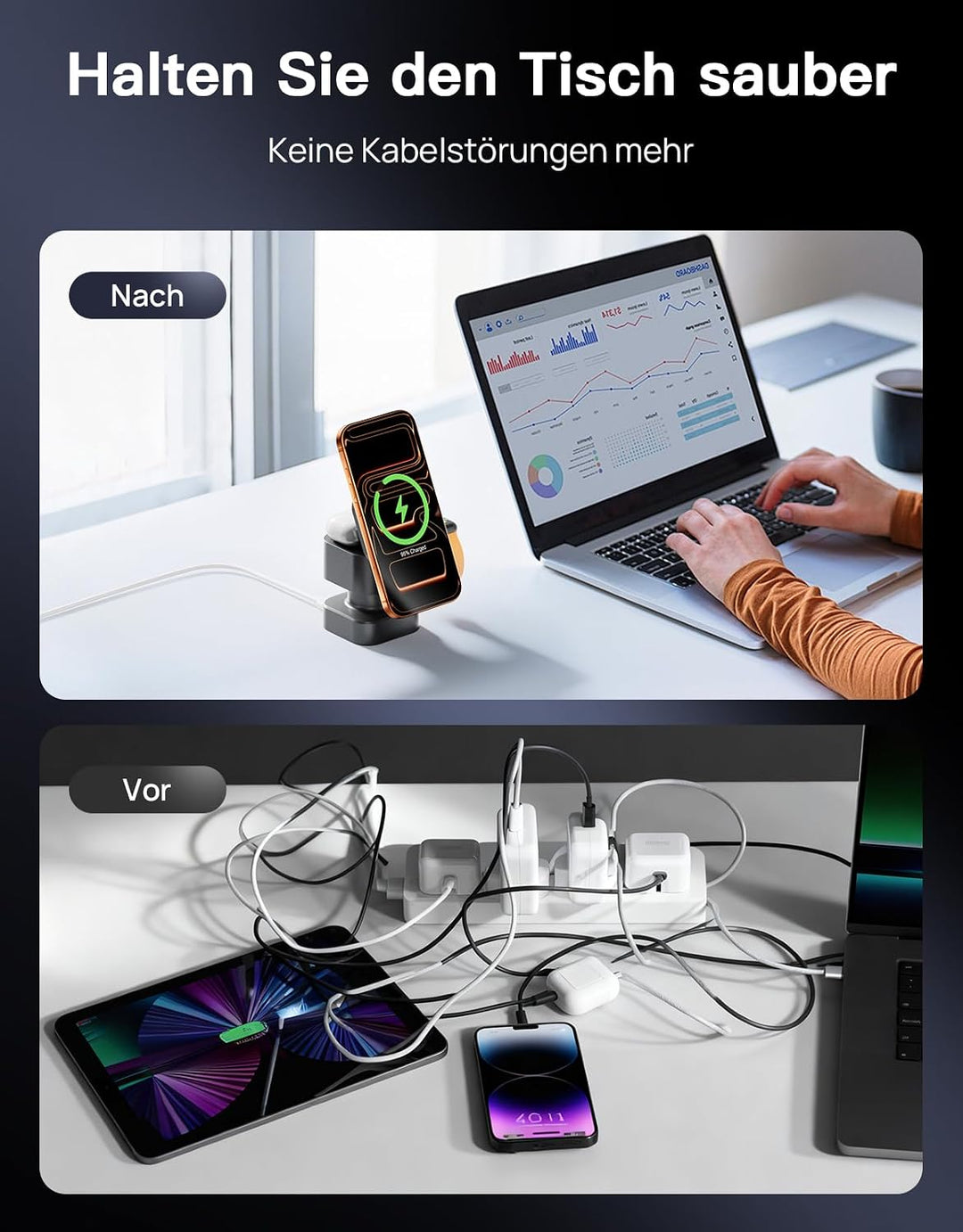 3-in-1 Kabellose Ladestation, Drehbar &amp; Einziehbar mit Nachtlicht, Kompatibel mit iPhone 17/16/15/14