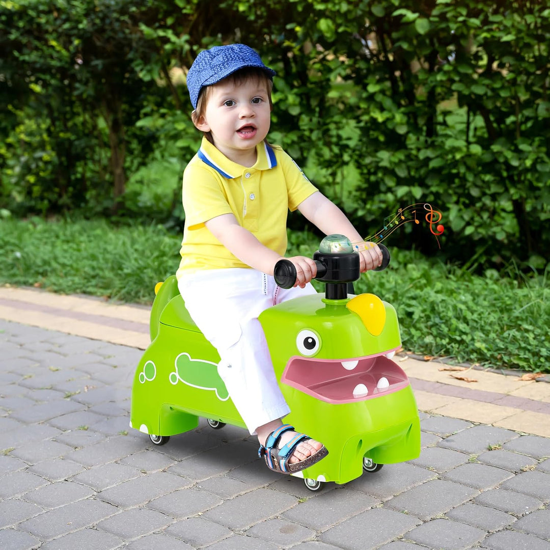 DREAMADE Rutschauto, Dinosaurier Rutschfahrzeug mit Hupe, Musik, Lichtern, Stauraum unter dem Sitz &
