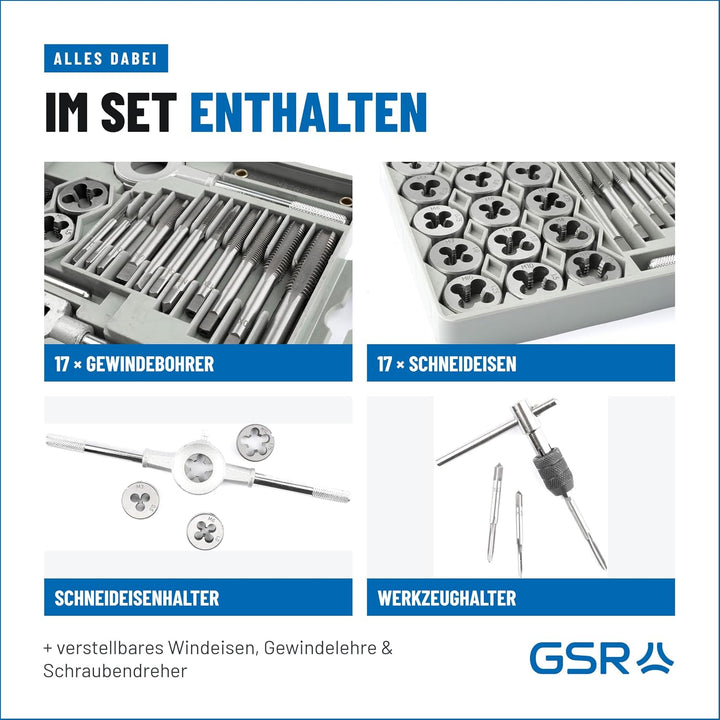 GSR Profi Hand-Gewindeschneider Set, 40-teilig, Gewindebohrer Set M3-M12, Mit Gewindebohrer &amp; Schnei