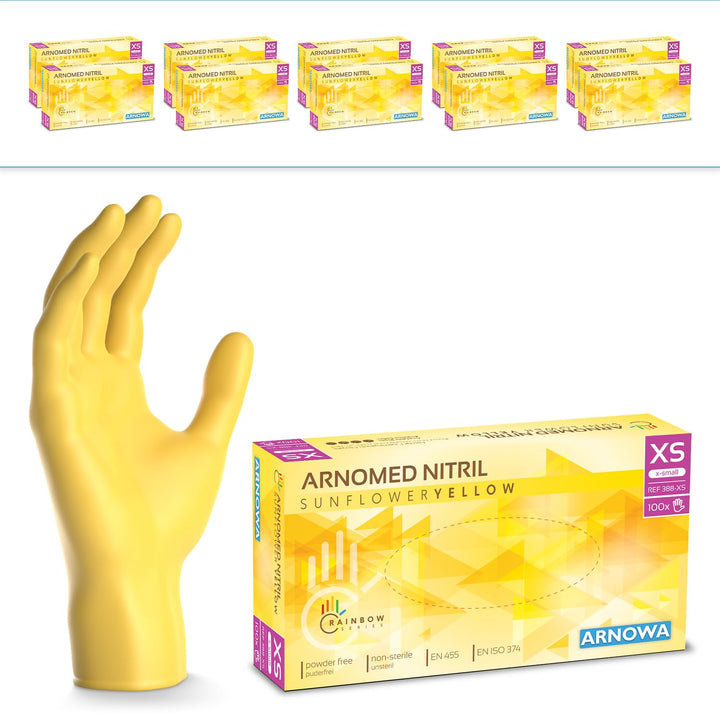 1000 Stk (10x100) ARNOMED Einweghandschuhe Gelb, Einmalhandschuhe XS, Nitril Handschuhe Einweg, Nitr