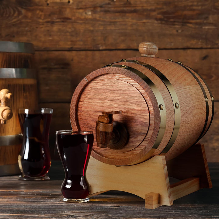 Relaxdays Schnapsfass, 1,25 l, Eichenholz, Holzfass mit Bock & Zapfhahn, Whisky, Wein, Spirituosen,