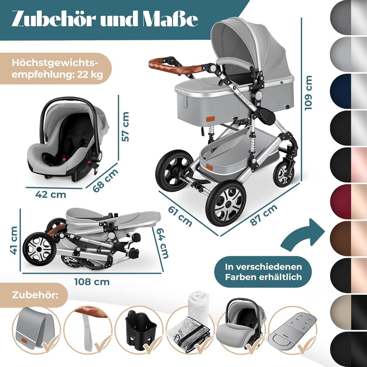 KESSER® Loops 3 in 1 Kinderwagen Kombikinderwagen Komplett-Set inkl. Babywanne & Buggy Sportsitz & A