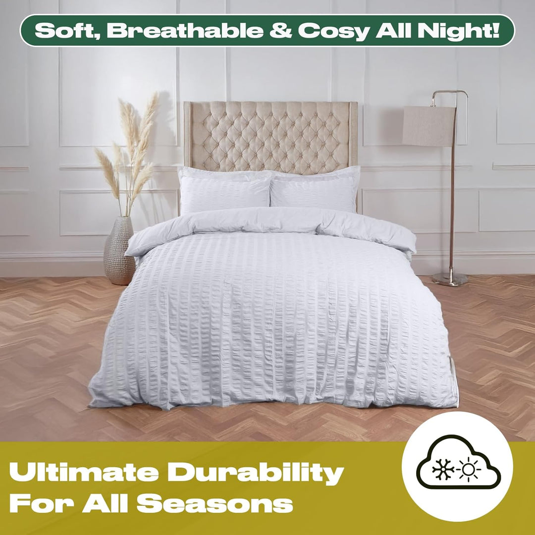 Highams Seersucker Bettbezug mit Kissenbezug, Bettwäsche-Set, luxuriöses Weiss, Doppelbett One Size