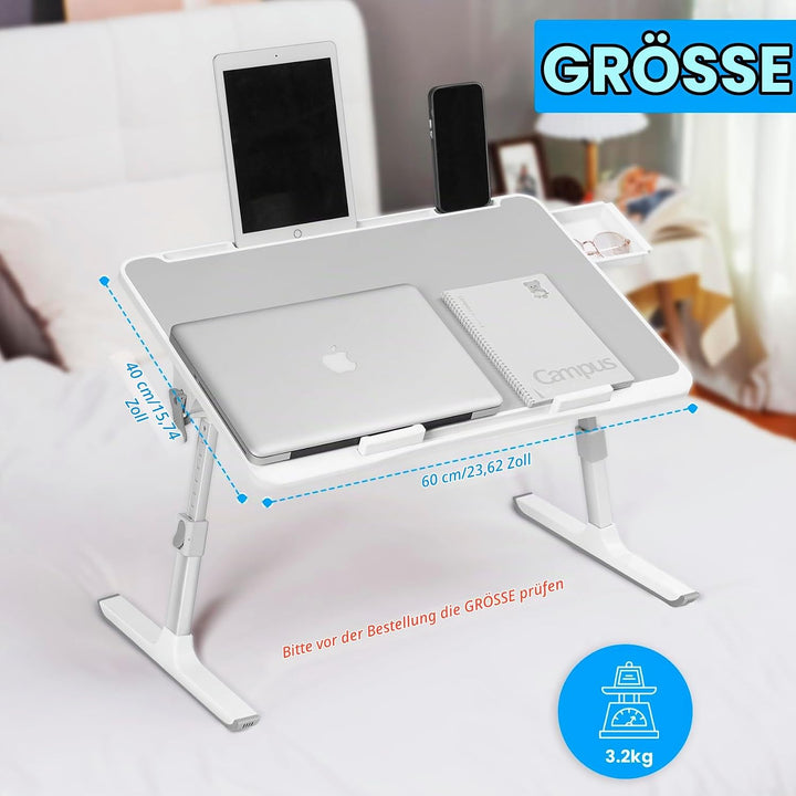 Laptop-Schreibtisch für Bett mit Klappbeinen, Tablet-Slot, Aufbewahrungsschublade und Silikon-Handge