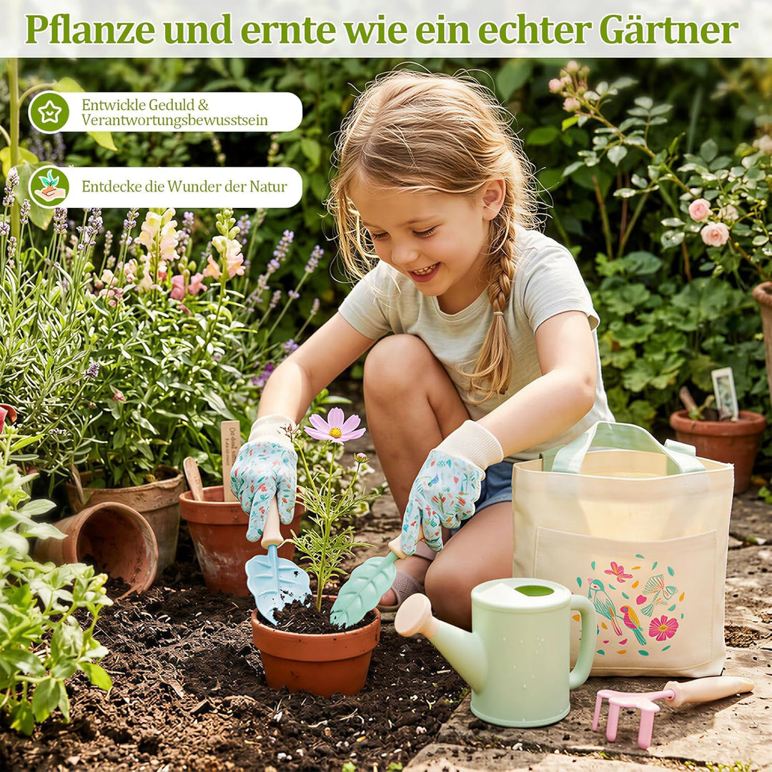 FITNATE Kinder Gartenarbeit Set,6 PCS Gartenwerkzeug Kinder Mit 3 Gartengeräte, Gartenhandschuhe & A