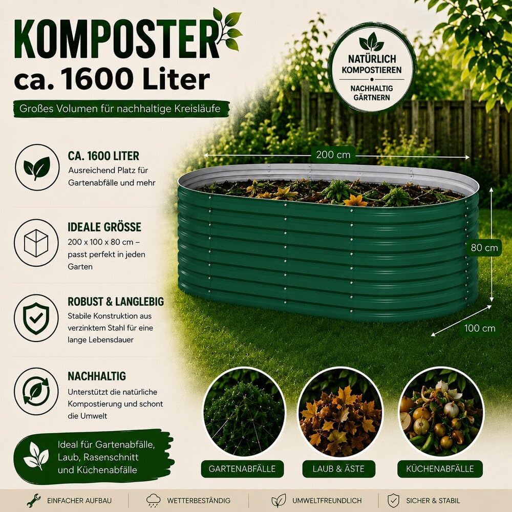 Vicco Komposter Garten, Grün, 200 x 100 cm Grün 200x80x100 cm, Grün 200x80x100 cm