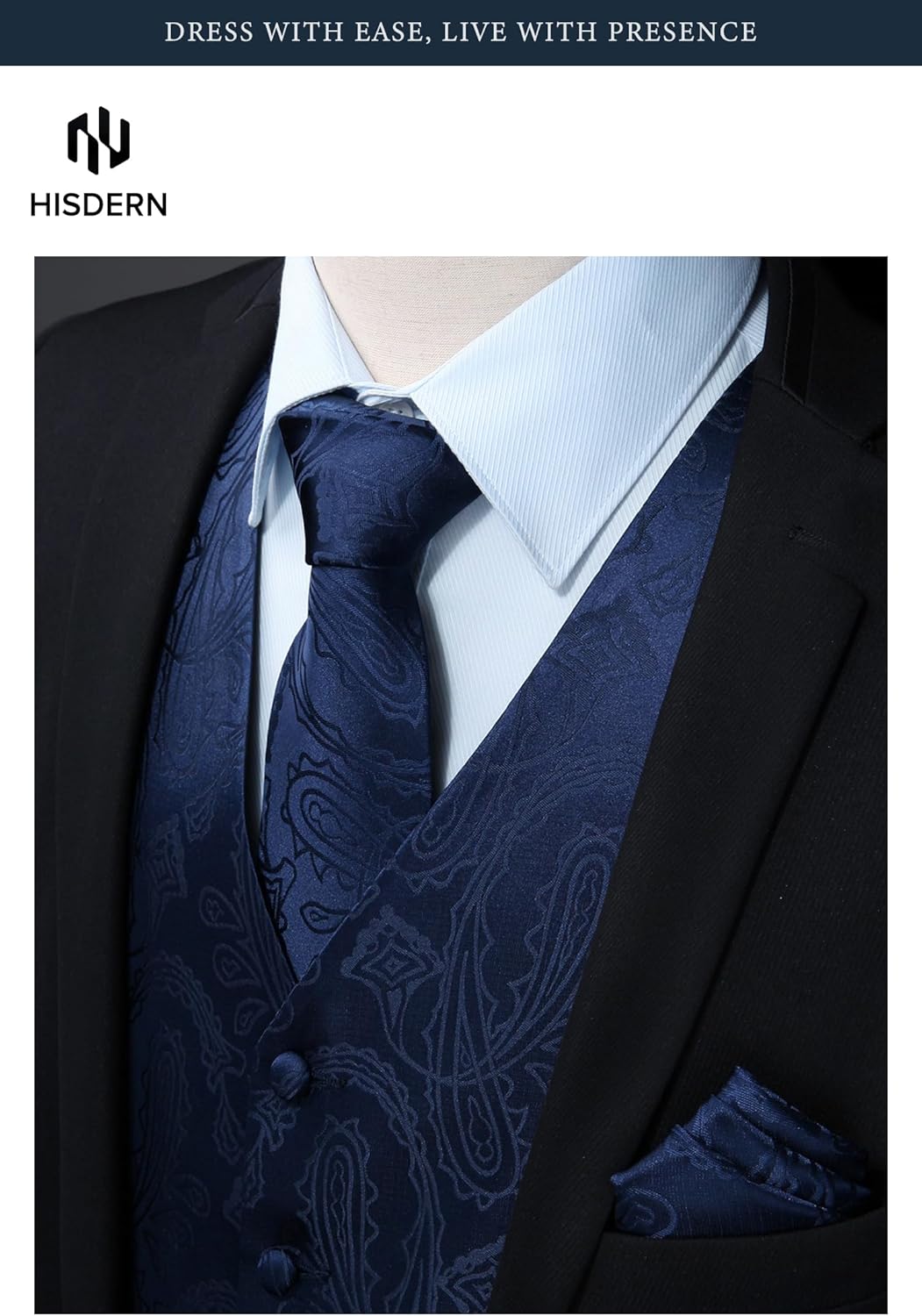 HISDERN Herren FLoral Hochzeit Weste Krawatte Einstecktuch Taschentuch Jacquard Weste Anzug Set XS N