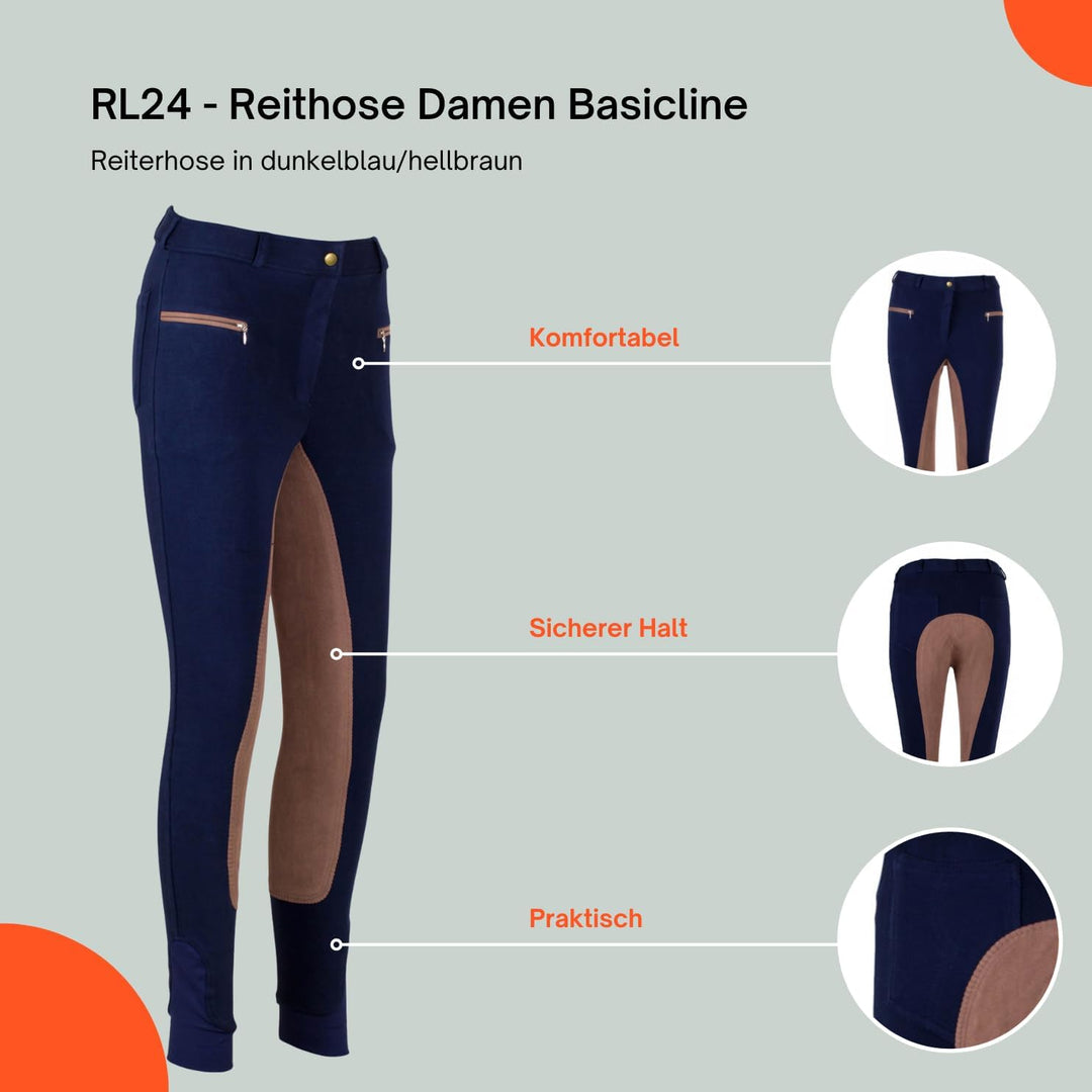 RL24 Damen Reithose Vollbesatz Flex BASICLINE 52 Dunkelblau/Hellbraun, 52 Dunkelblau/Hellbraun