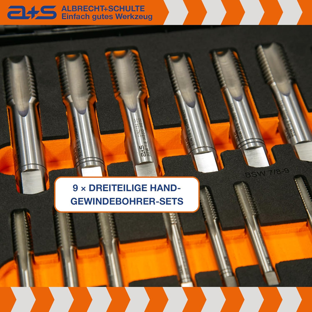 a+s BSW Gewindeschneider Set | HSS-G, 1/4"-1'', 46-teilig | Zoll Gewindebohrer & Schneideisen | Komp