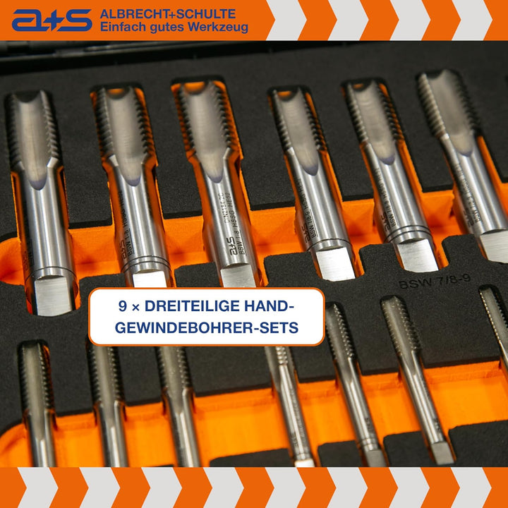 a+s BSW Gewindeschneider Set | HSS-G, 1/4"-1'', 46-teilig | Zoll Gewindebohrer & Schneideisen | Komp