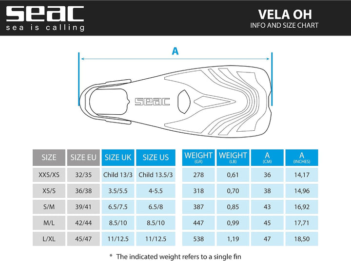 SEAC Vela Oh Kurze Flossen zum Schnorcheln und Schwimmen im Schwimmbad mit verstellbarem Riemen L-XL
