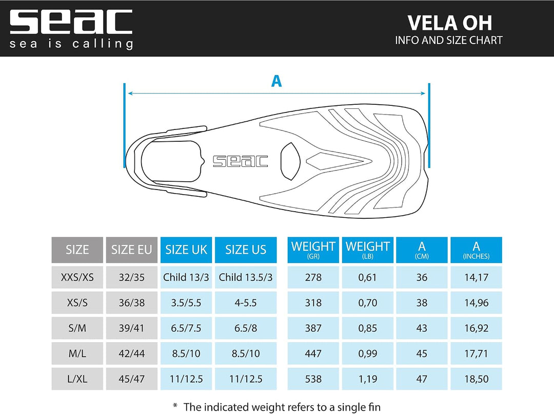 SEAC Vela Oh Kurze Flossen zum Schnorcheln und Schwimmen im Schwimmbad mit verstellbarem Riemen XS-S