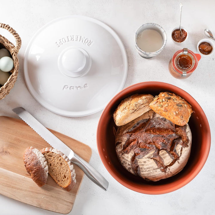 Römertopf Brottopf Rund aus Naturton – Weisse Keramik-Brotbox mit Deckel Ø 30 cm – Für Brot, Brötche