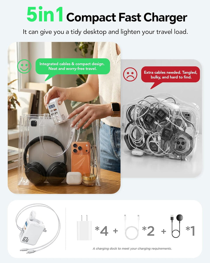 HATALKIN 67W Einziehbares Ladegerät mit Apple Watch Ladegerät, USB Ladegerät Netzteil mit Schnelllad