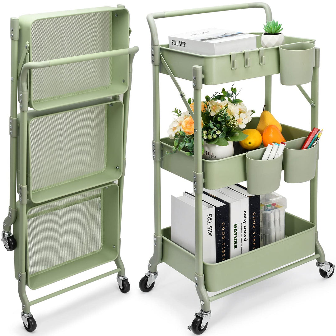 Shrivee 3-Tier Küchenwagen, Servierwagen, Faltbarer Metallwagen, Regal auf Rädern, Regal, Organizer,