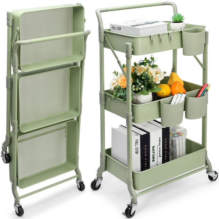 Shrivee 3-Tier Küchenwagen, Servierwagen, Faltbarer Metallwagen, Regal auf Rädern, Regal, Organizer,