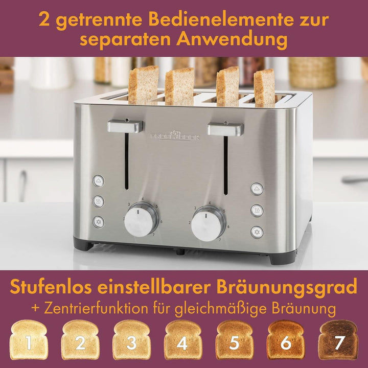ProfiCook Toaster, Toaster 4 Scheiben, mit 2 getrennten Bedienelementen, Auftau-, Aufwärm-/ Schnells