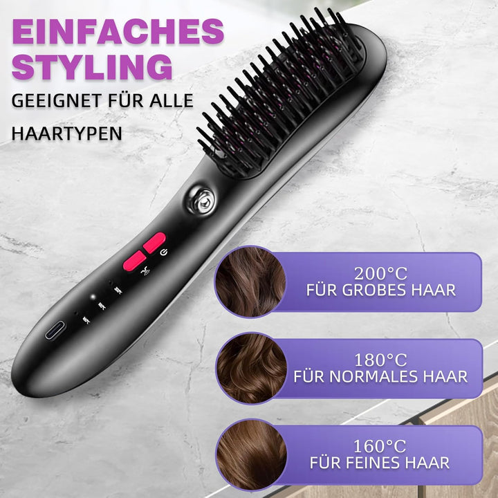 Glättbürste, Warmluftbürste für kurze Haare, Stylingbürste für kurze Haare | kabellos mit Pflegespra