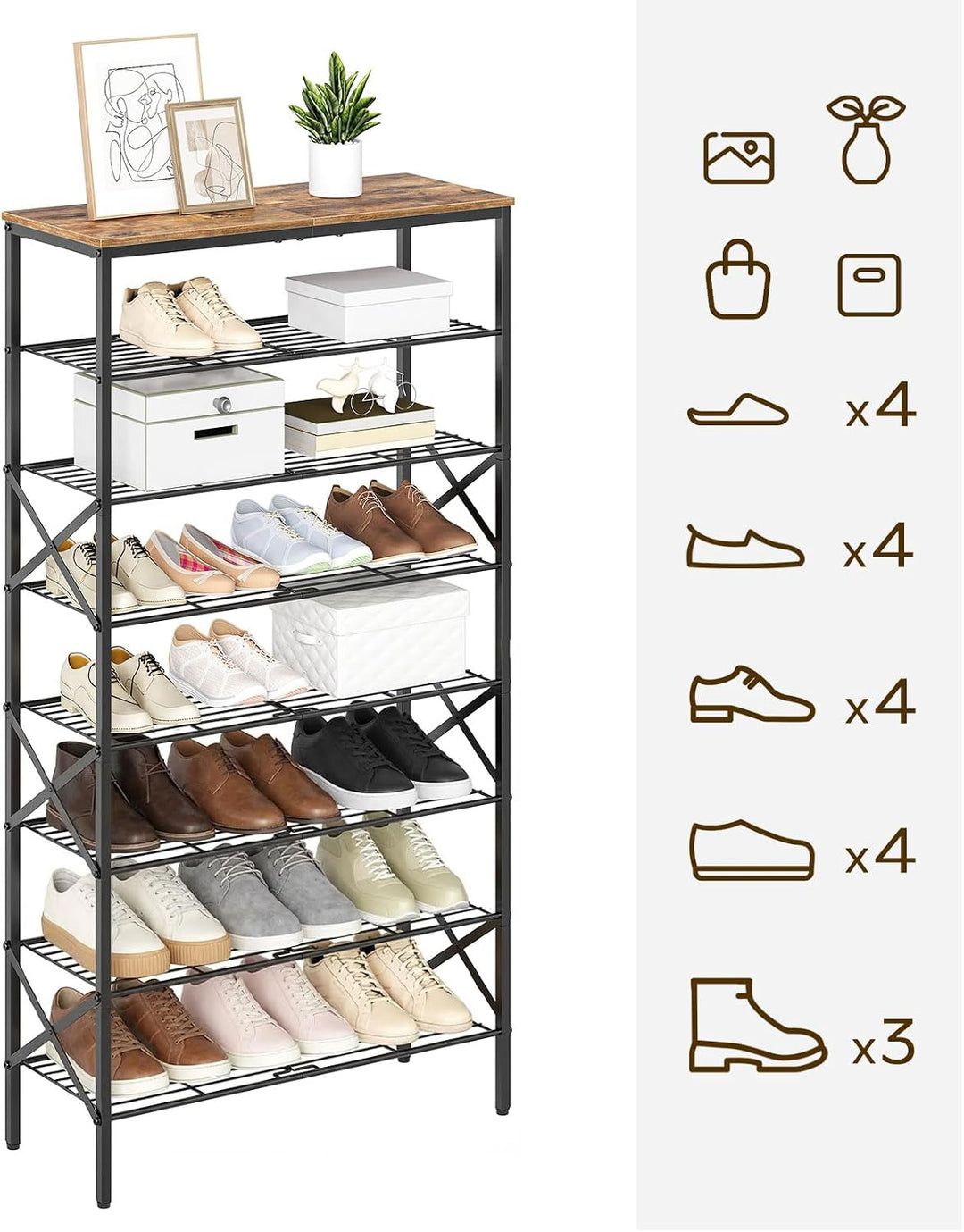 YATINEY Schuhregal hoch, Schuhablage mit 8 Ebenen, Schuhschrank mit grosser Kapazität, für 32 Paar S