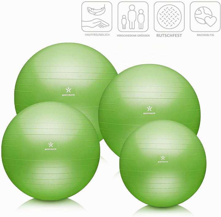 BODYMATE Gymnastikball Sitzball Trainingsball mit GRATIS E-Book inkl. Luft-Pumpe, Ball für Fitness,