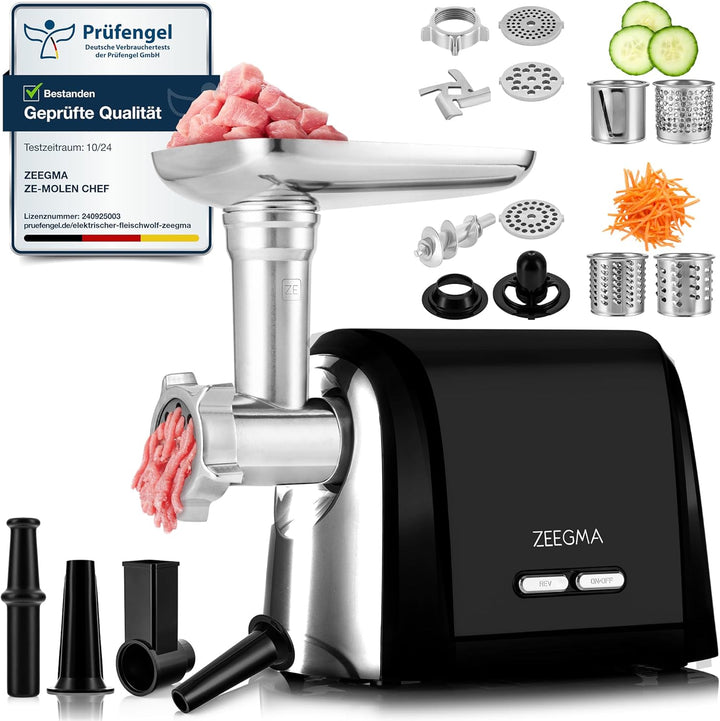 ZEEGMA Molen Chef Elektrischer Fleischwolf, 1900 W mit 3 Schleifplatten aus Edelstahl, 3 kg/min, Wur
